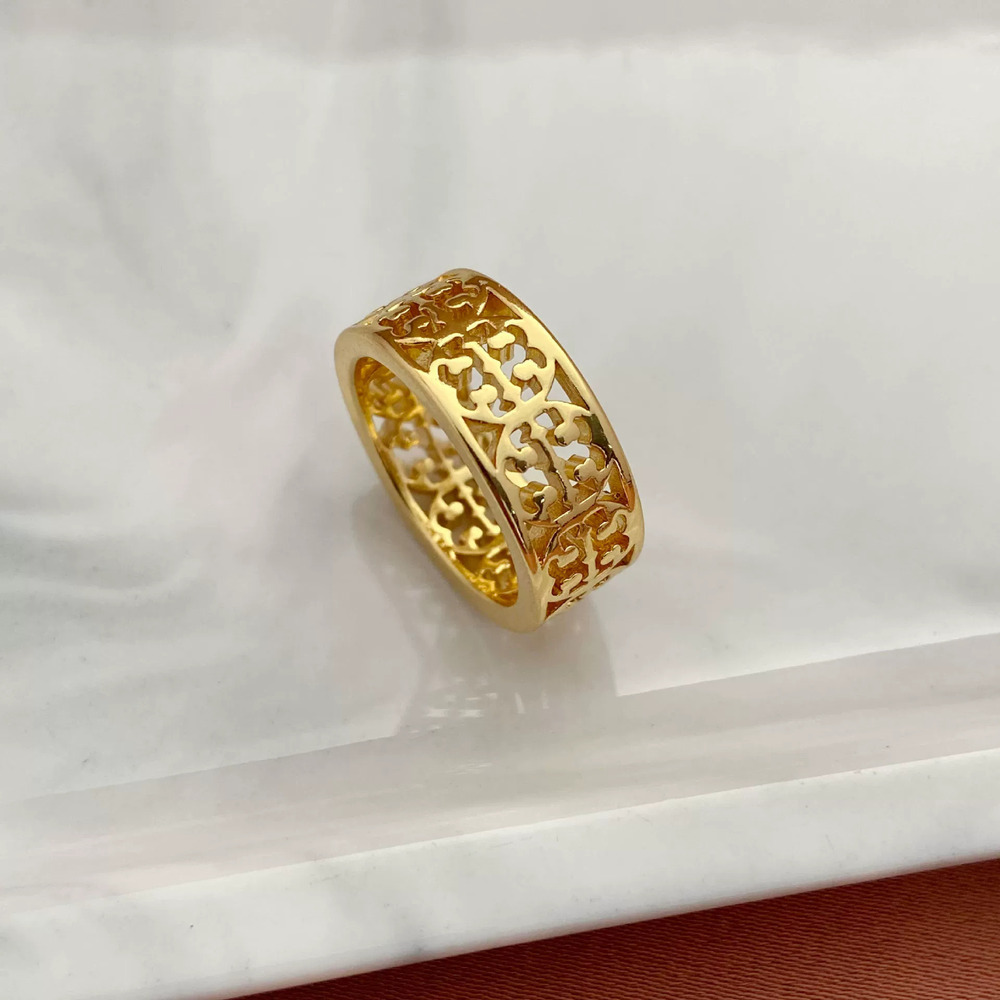 Tory Burch Inlaid Cutout Letter Round Geometric Metal Ring